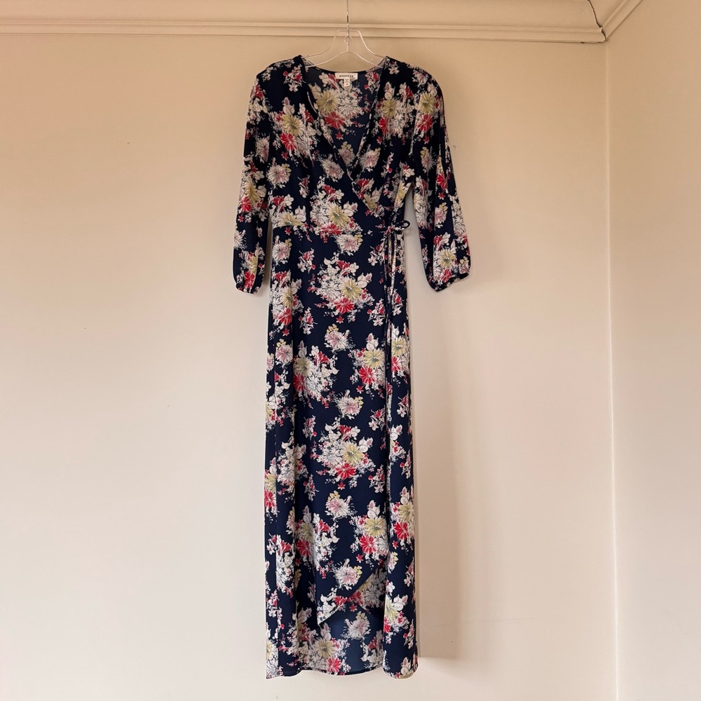 Monteau Navy Floral Wrap Midi Dress with 3/4 Sleeves